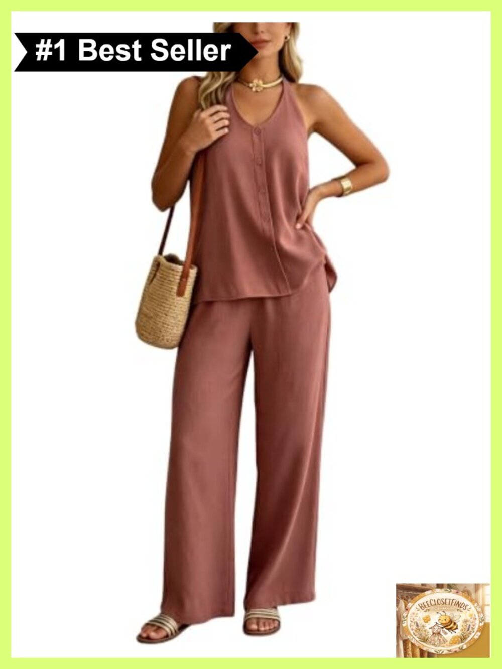 Sleeveless Halter V Neck Backless Top & Wide Leg Pants 2 Piece Set